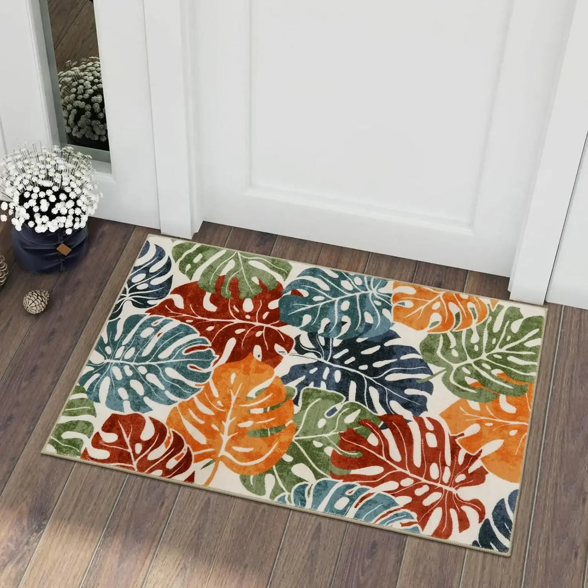 tapis sol antidérapant feuilles tropicales moderne bleu vert beige blanc