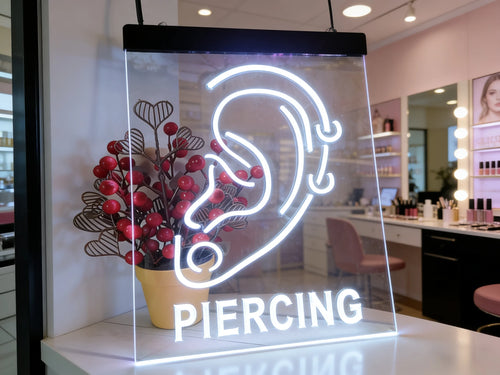 enseigne lumineuse néon oreille humaine piercing violet bleu blanc vert suspendue transparente chambre salon