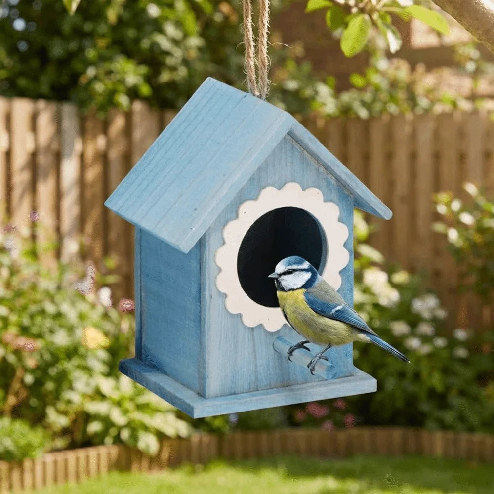 nichoir oiseaux extérieur bois résistant intempéries cordelette suspension porte floral relief bleu clair blanc