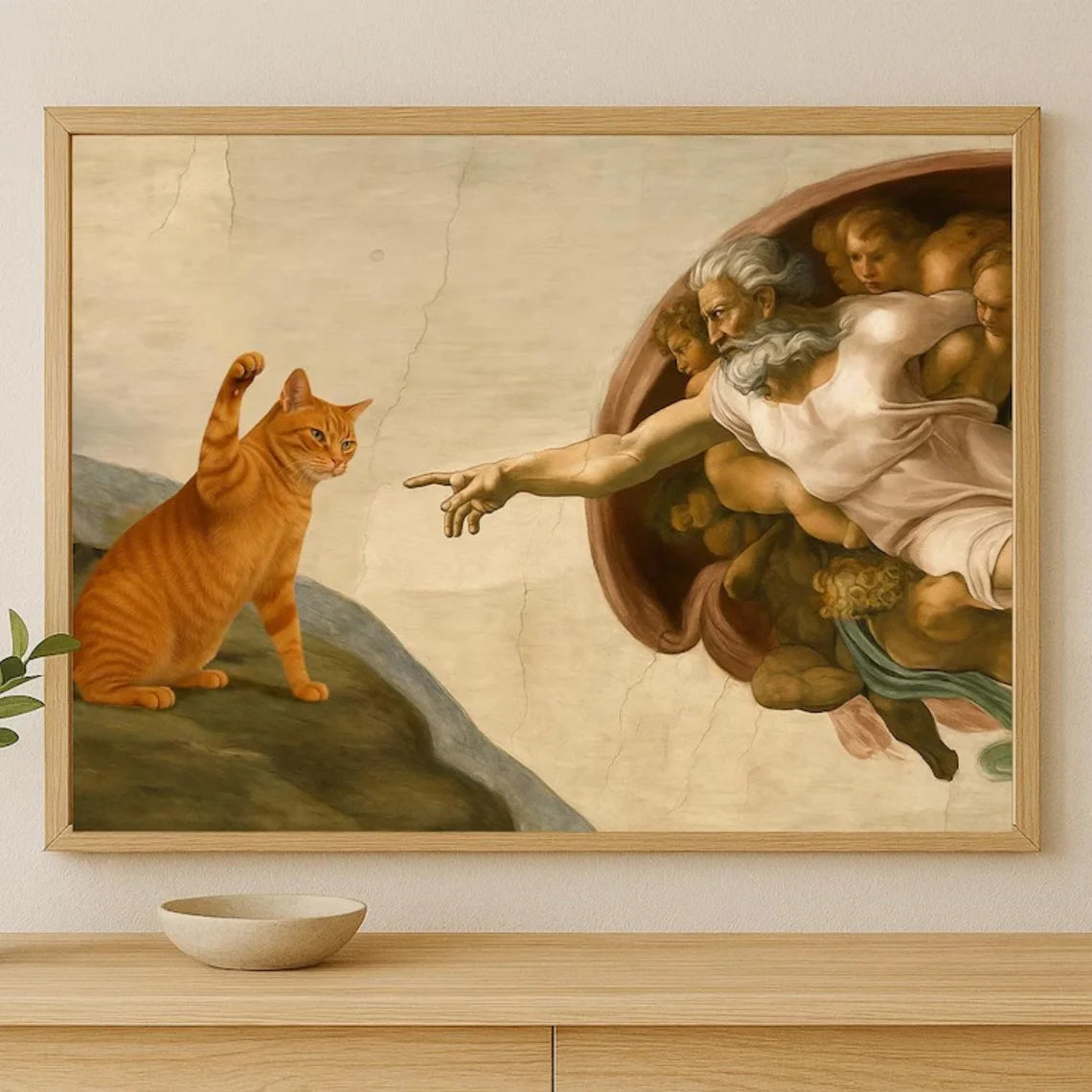 tableau encadré creation adam ange chat decor mural classique religieux beige blanc marronclair vert