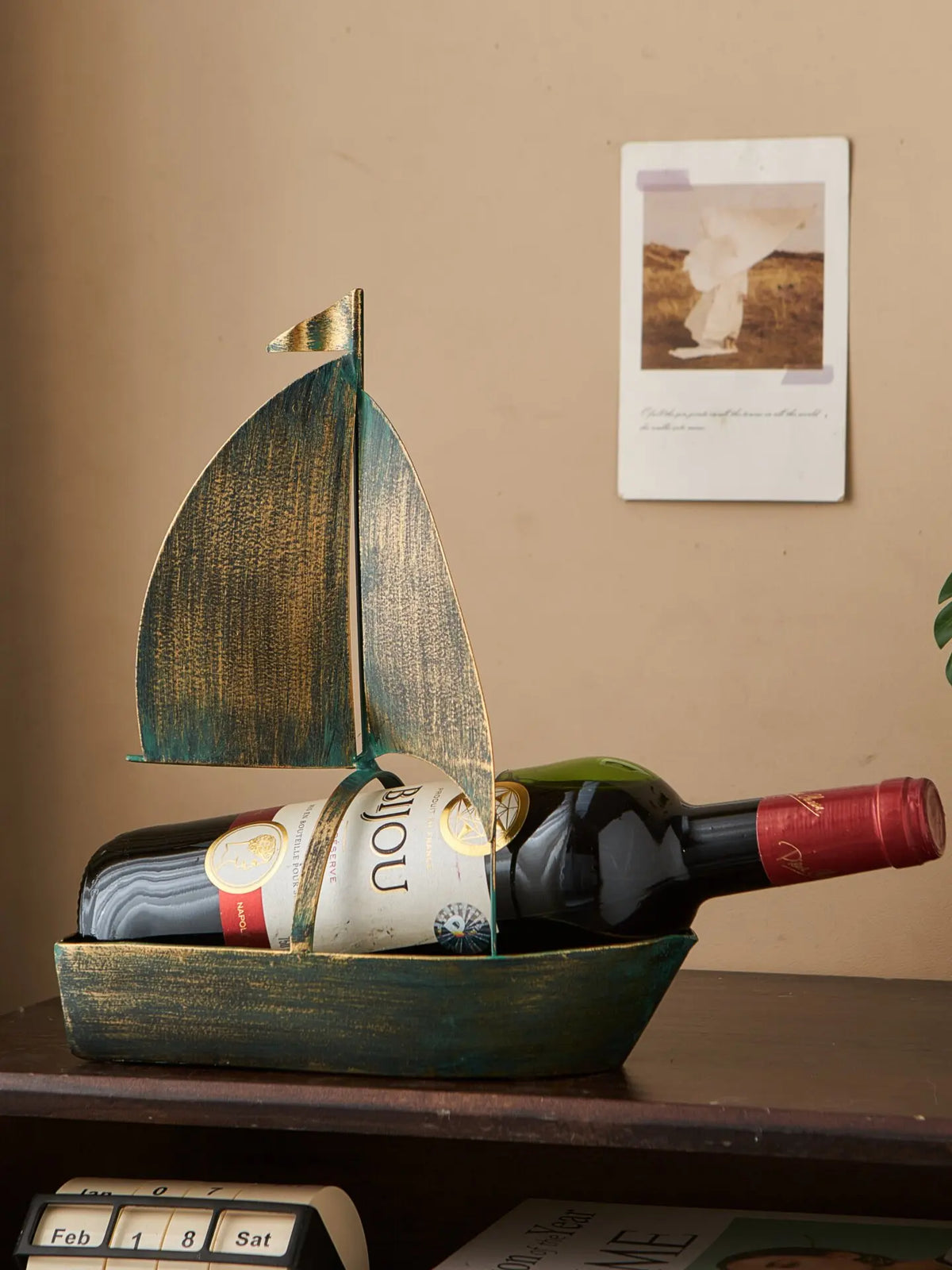présentoir bouteille vin bateau voile vert or aspect vieilli décoratif nautique rustique bijou