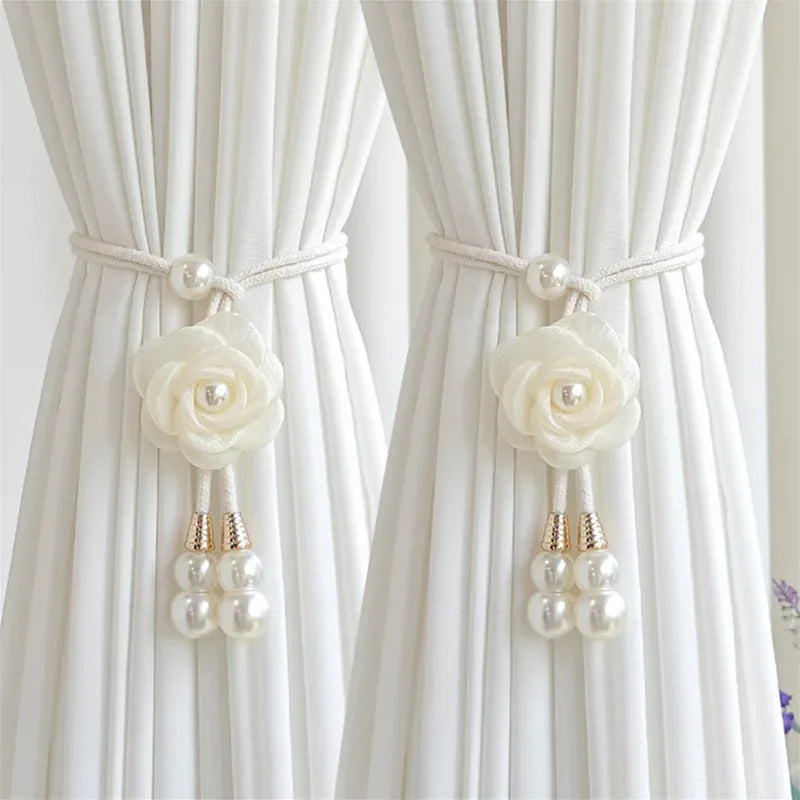 rideaux polonais fleurs relief soie nacrées corde tressée élégant accessoires décoratifs pastel doré