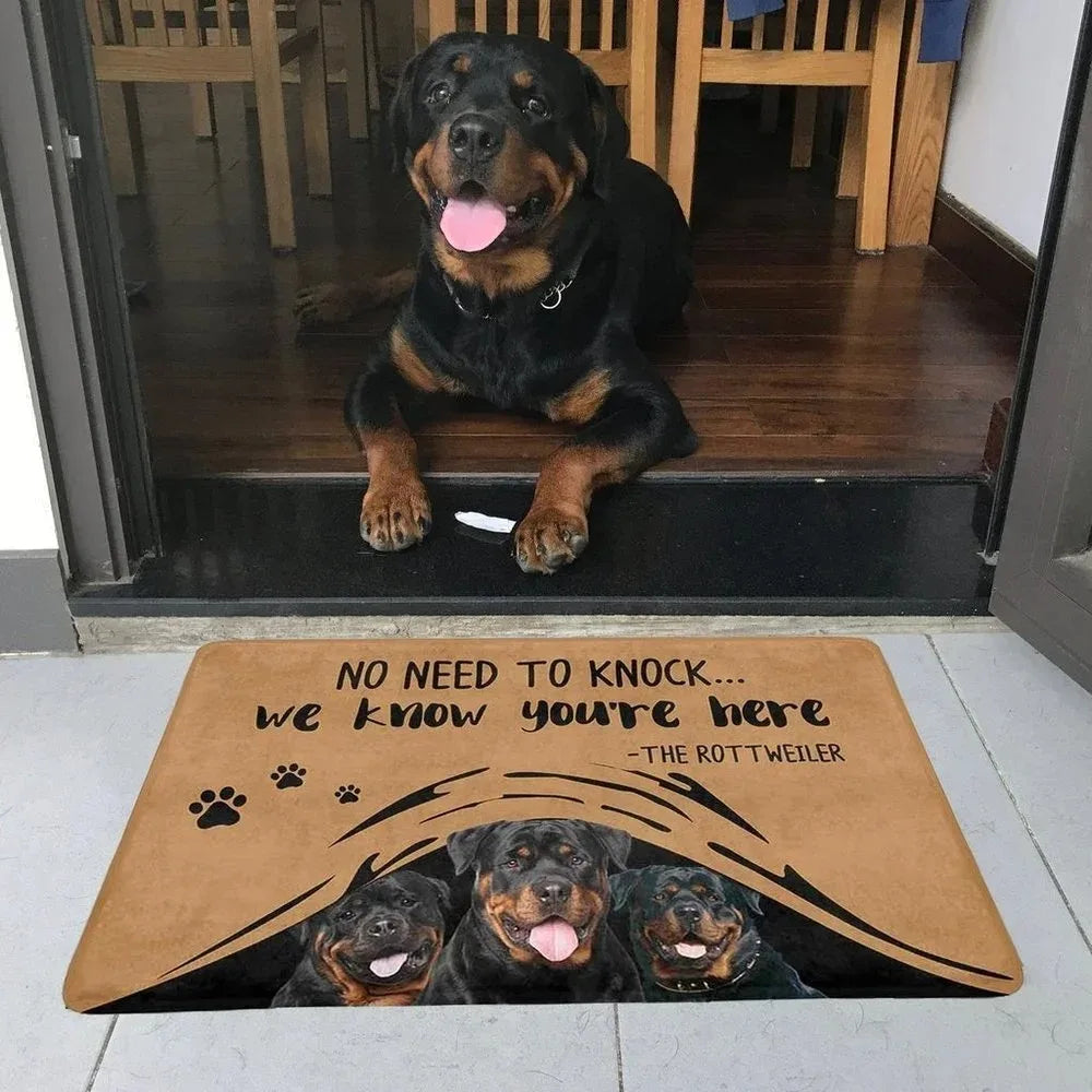 tapis d'entrée moderne chiens boxers rottweilers texte antidérapant marron clair extérieur 50x70cm