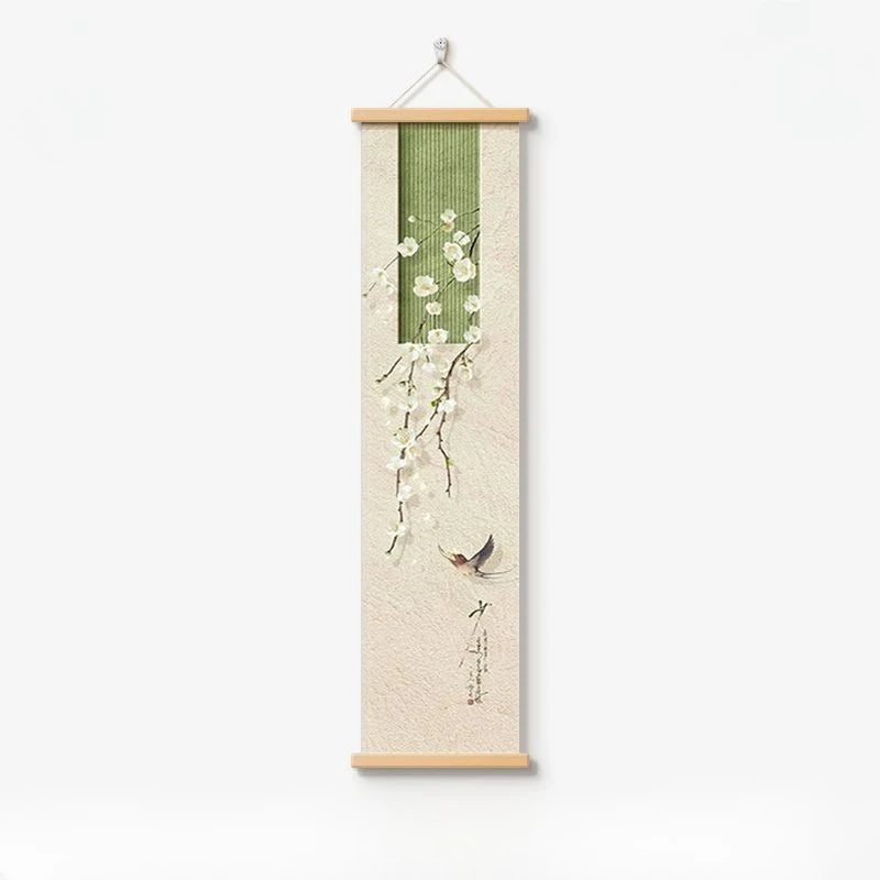 cadre mural suspendu paysage japonais fleurs blanches branches vertes oiseau noir texte chinois verte