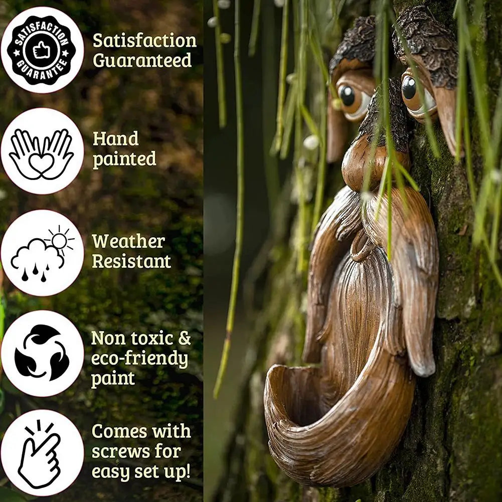 décoration jardin sculpture homme barbe perruche yeux brillants nuit mangeoire oiseaux fixations arbresextérieur