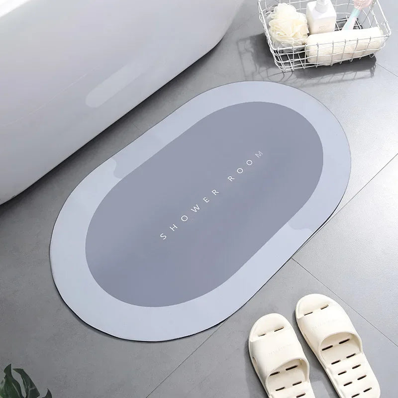tapis bain moderne gris ovale adhésif antidérapant sèche rapidement salle bain durable respectueux environnement