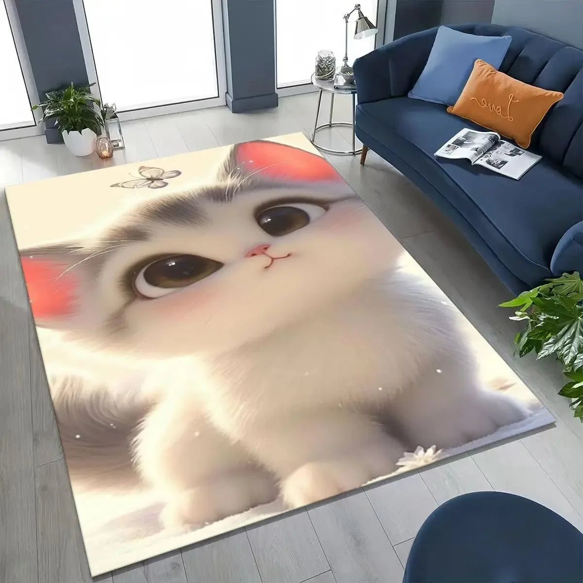 tapis salon moderne motif chat blanc mignon peluche doux décoration chambre bébé enfant maison