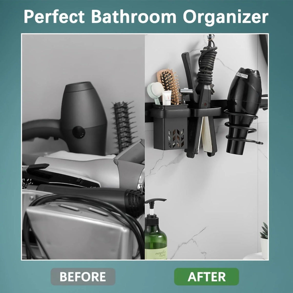 organisateur mural noir moderne porte sèche cheveux pince brosse cordon vis fixations salle bain