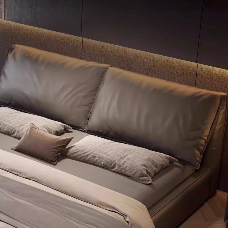 lit double moderne bois gris foncé simili cuir dossier souple chambre coucher