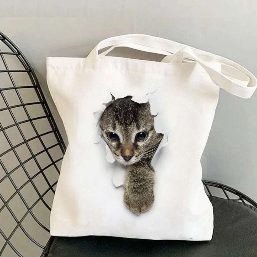 sac bandoulière toile imprimé chats blancs moderne décontracté sans fermeture éclair deux poignées détachables