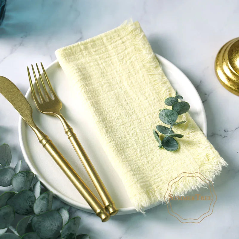 serviettes cuisine rustiques coton noir orange beige blanc rose pâle franges rustic naturel