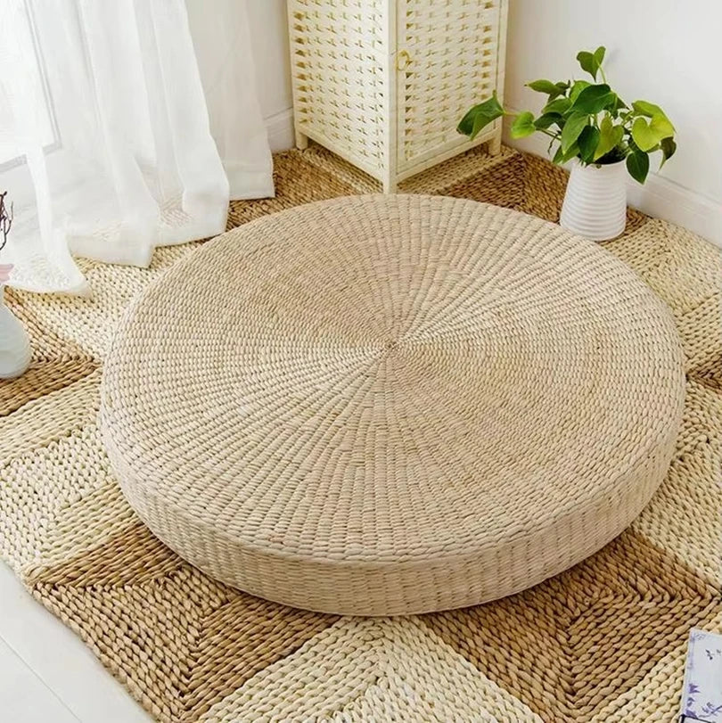 coussin sol rond paille naturelle tissé rustique beige clair artisanal mainmise mousse pe yoga