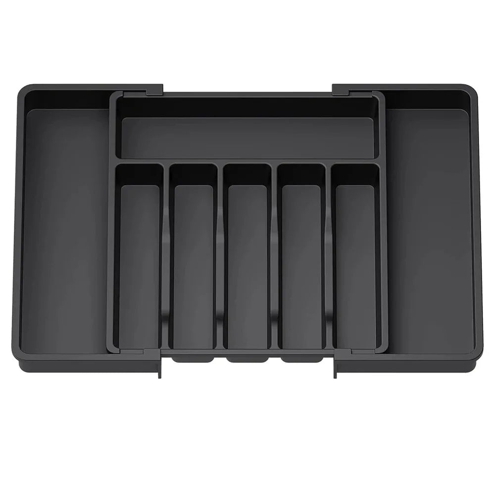 boîte rangement couverts gris plastique lisse moderne compartiments ajustables dorés argentés