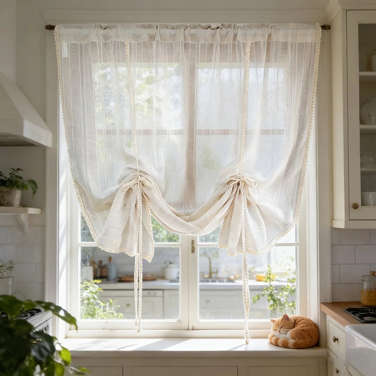 rideau voilage lin blanc cassé crème champêtre rustique bohème translucide tringle cordon nœud