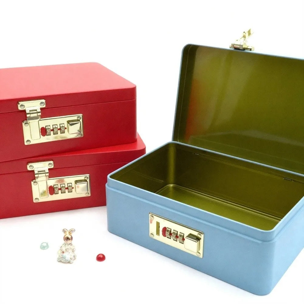 boîte bijoux métal rouge bleu clair texture cuir classique cadenas combiné rangement sécurité