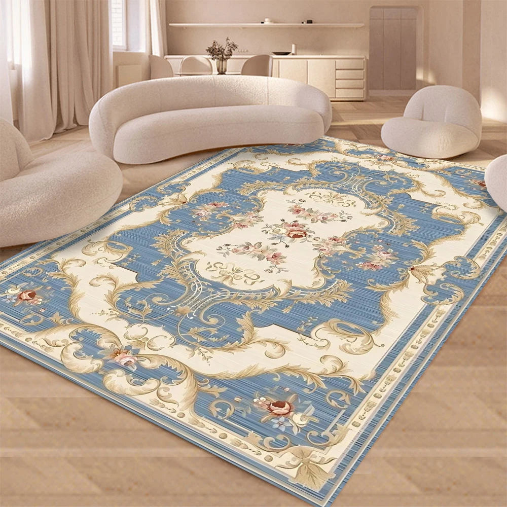 tapis floral baroque orné bleu blanc doré rose violet classique moderne chambre salon extérieur