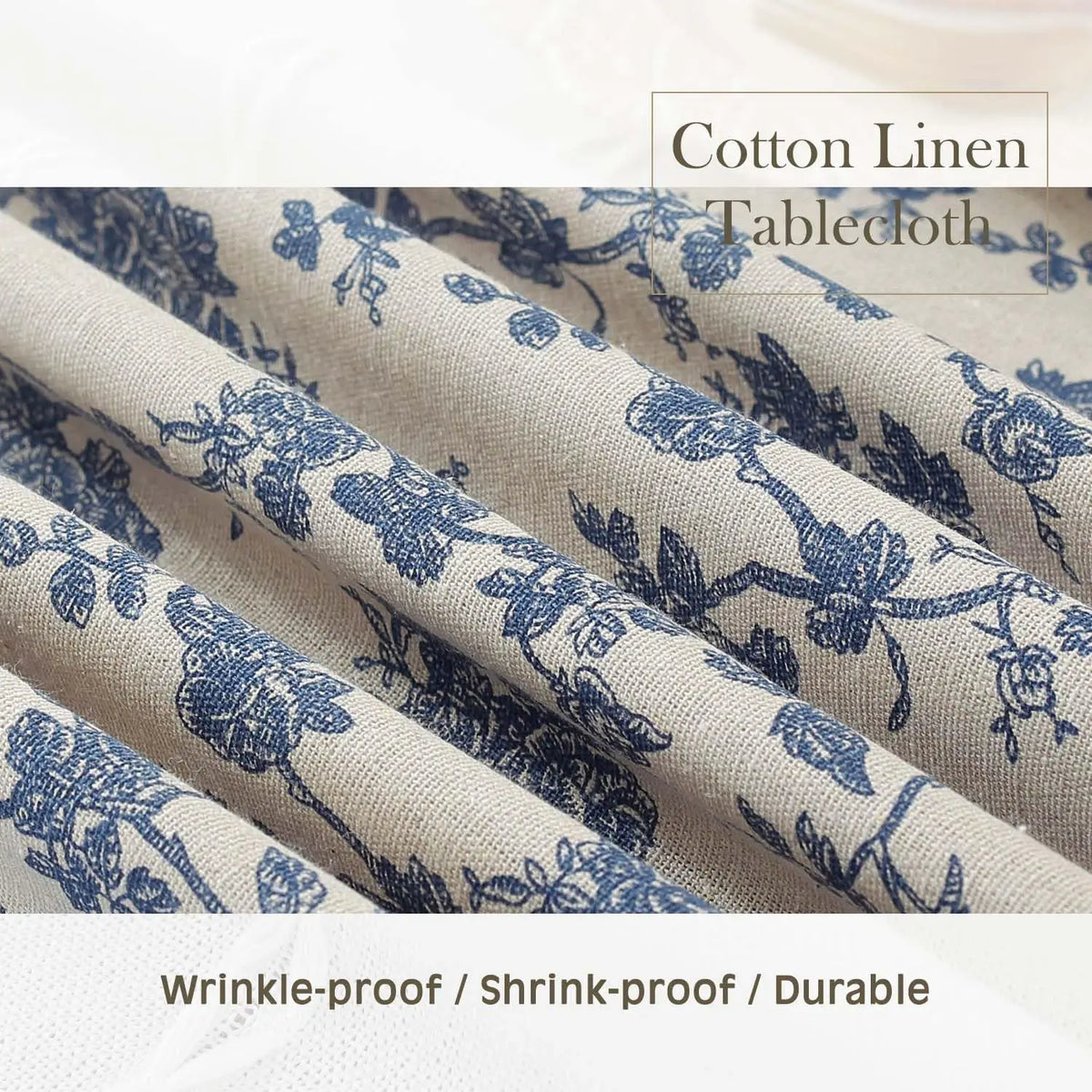 nappe ronde fleur bleue motif floral rustique franges table beige