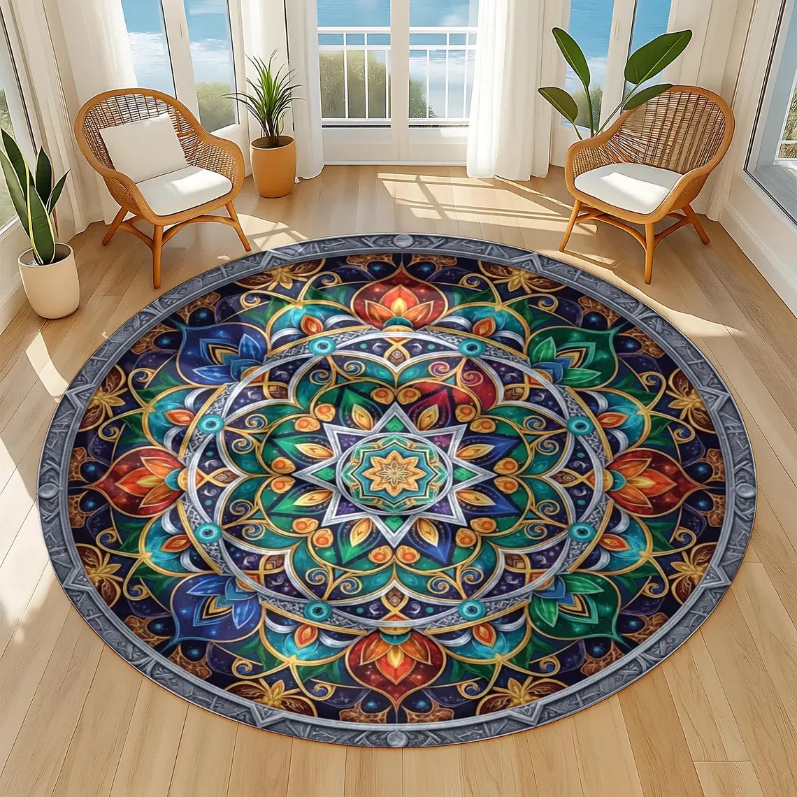 tapis multicolore mandala lotus oiseau boho moderne antidérapant salon chambre cuisine 80x80cm 120x120cm