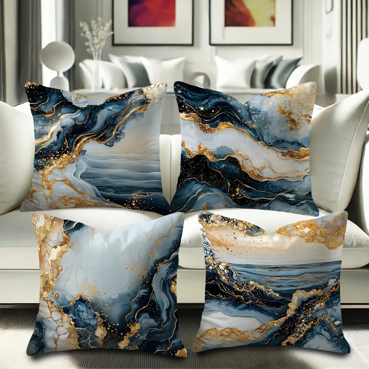 housse coussin polyester marbré bleu blanc doré contemporain décoration maison chambre salon voiture