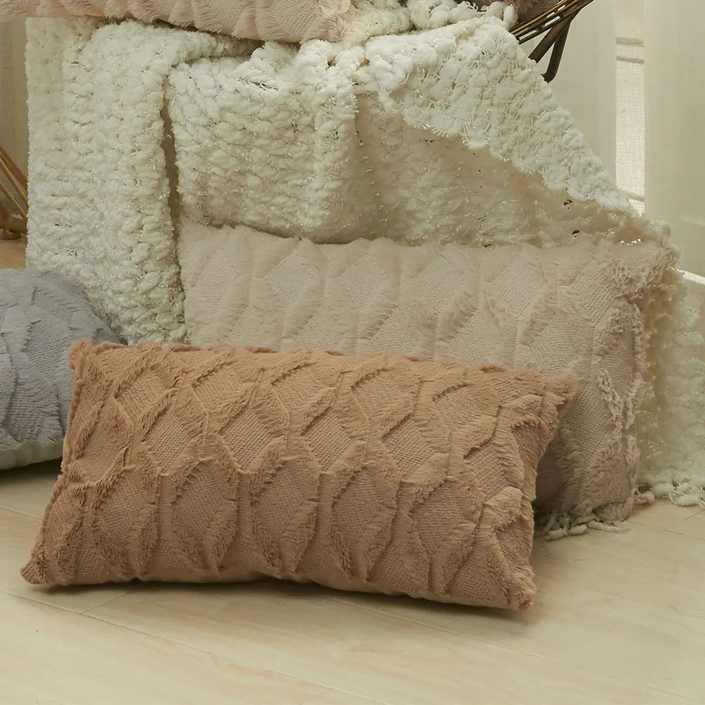 housse coussin décorative peluche géométrique moderne 30x50cm roseclair blancbeige grisclair