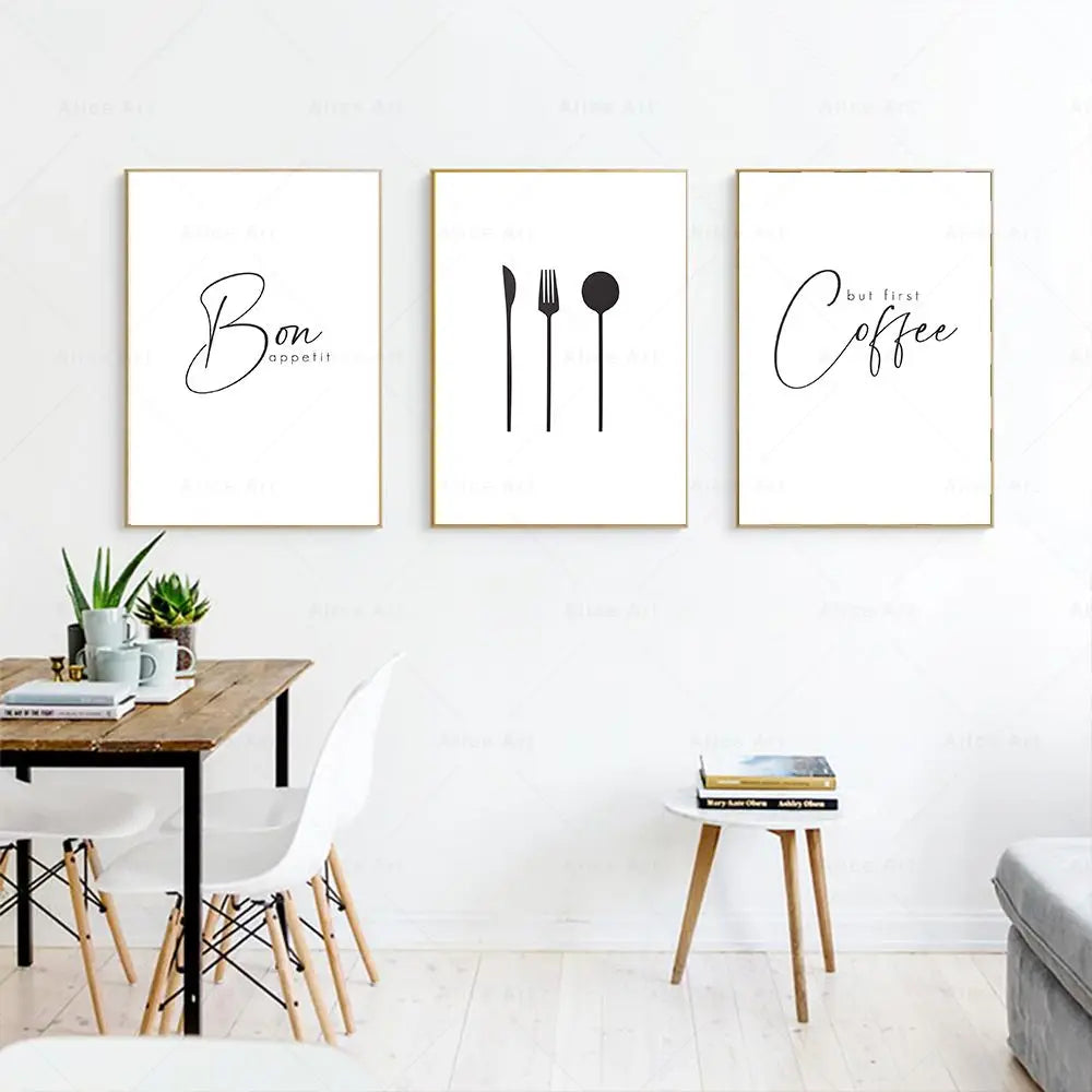 affiche moderne bon appétit lettrage calligraphique fourchette cuillère blanc noir minimaliste