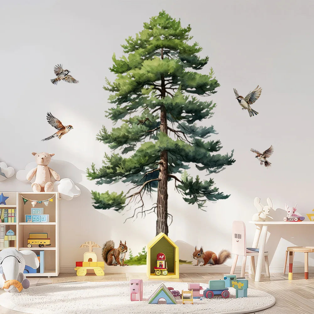 autocollant mural illustration arbre oiseaux écureuils plantes décoration chambre enfant crèche jeu vert brun
