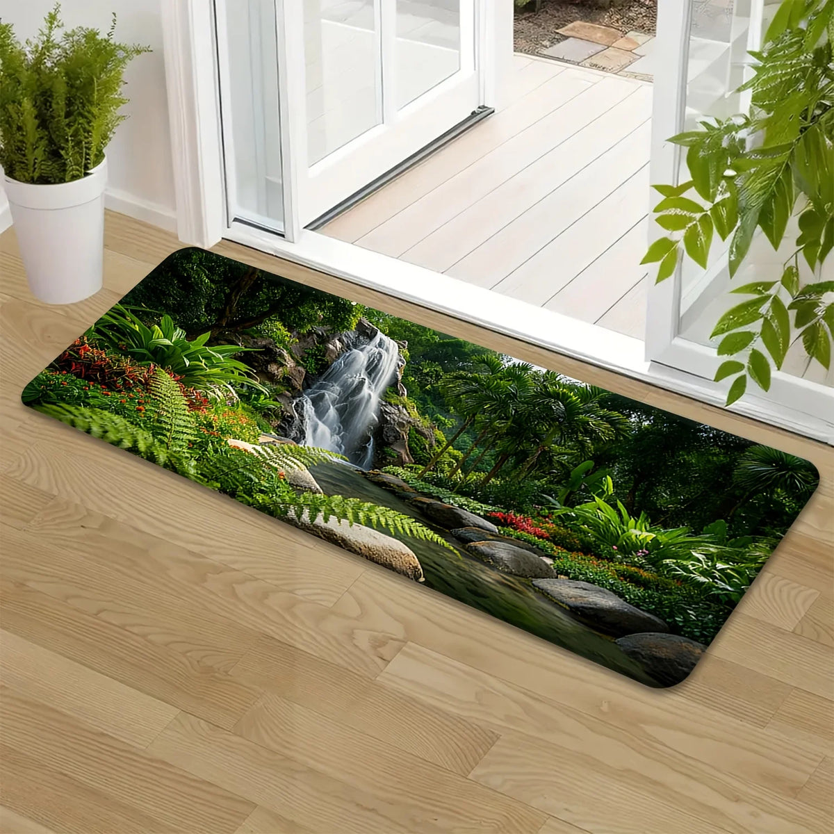 tapis sol antidérapant cascade végétation luxuriante paysage moderne vert noir blanc gris