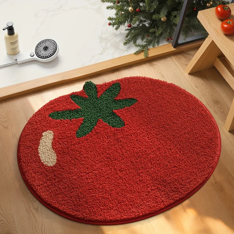 tapis rond decoratif moderne tomate poilue rouge vert crème dimension 50cm 80cm salon chambre