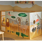 rideaux enfant safari motifs animaux savane opaques attaches métal décoration chambre verte beige