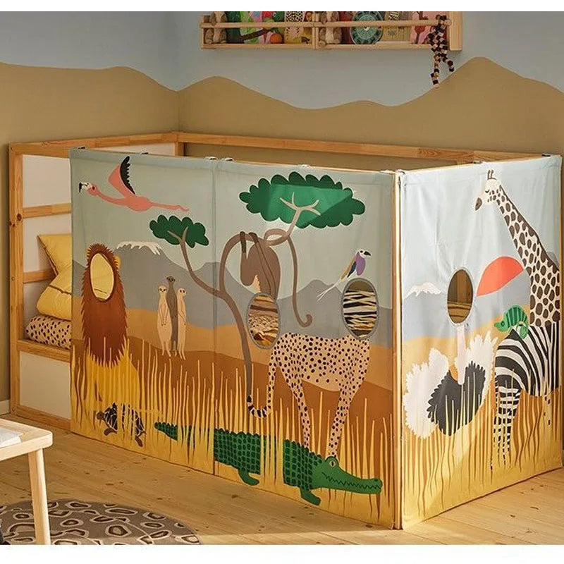 rideaux enfant safari motifs animaux savane opaques attaches métal décoration chambre verte beige