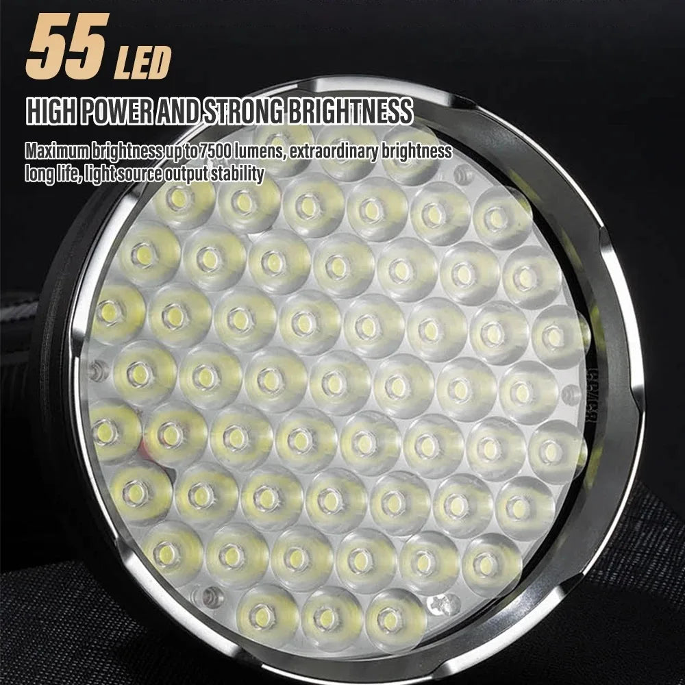 lampe torche rechargeable led noire robuste camping outdoor 55led 50w