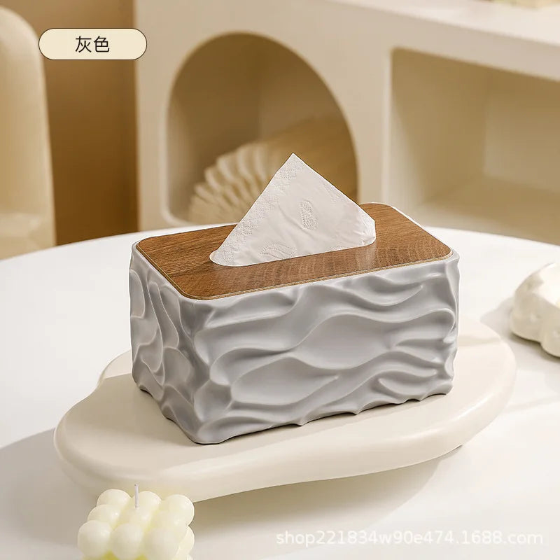 boîte mouchoirs moderne plastique blanc texture ondulée mouchoirs blancs bois foncé
