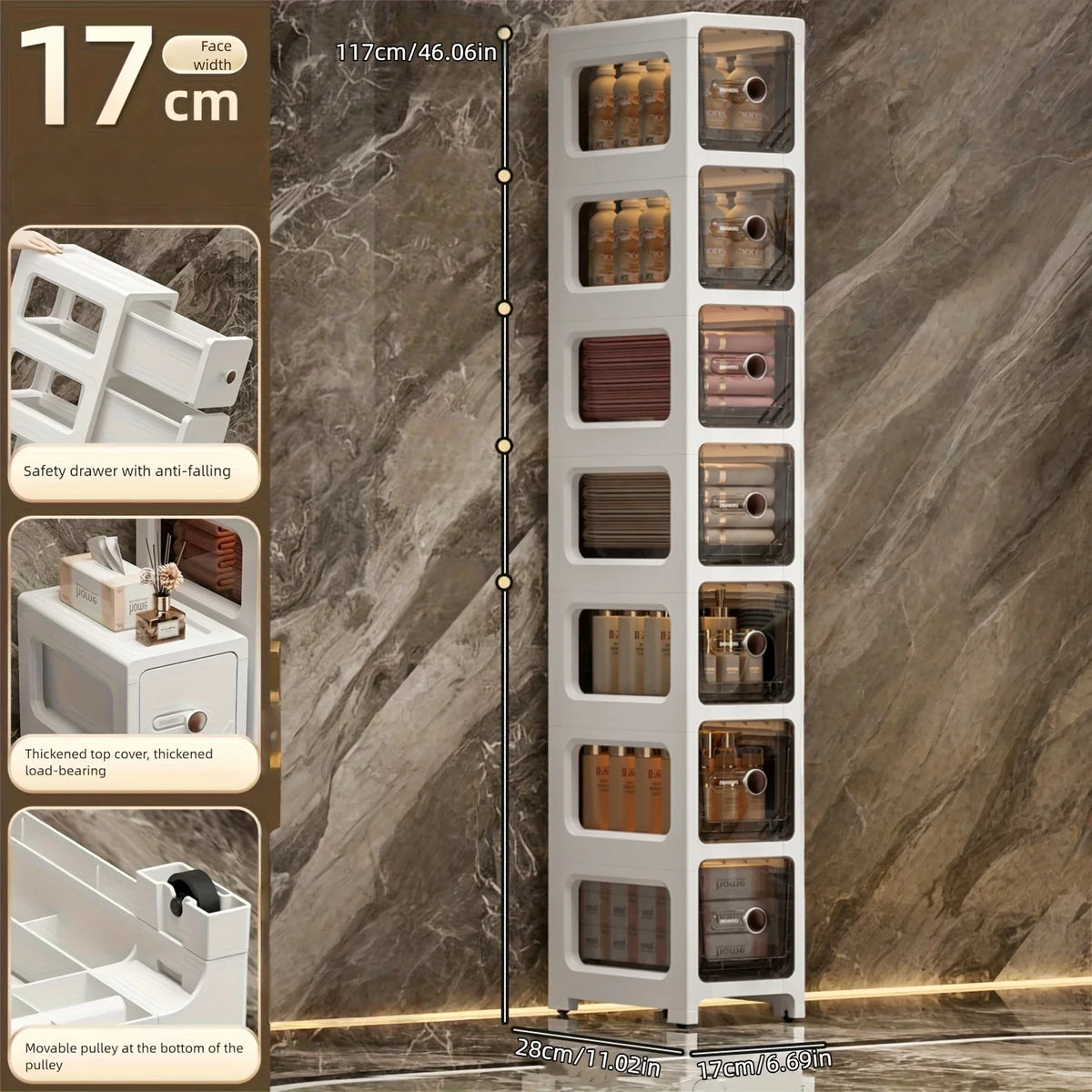 meuble rangement blanc moderne tiroirs transparents rayures diagonales noires pliable porte bouteilles cosmétiques