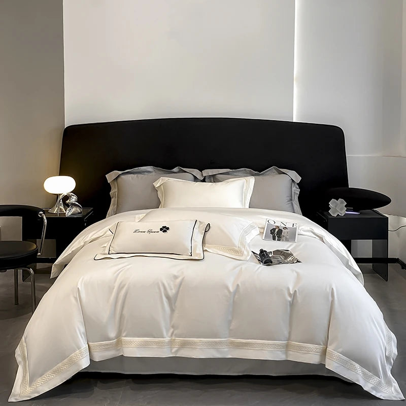 drap lit blanc bordure brodée ultra doux housses taies oreillers classique 18m 20m machine