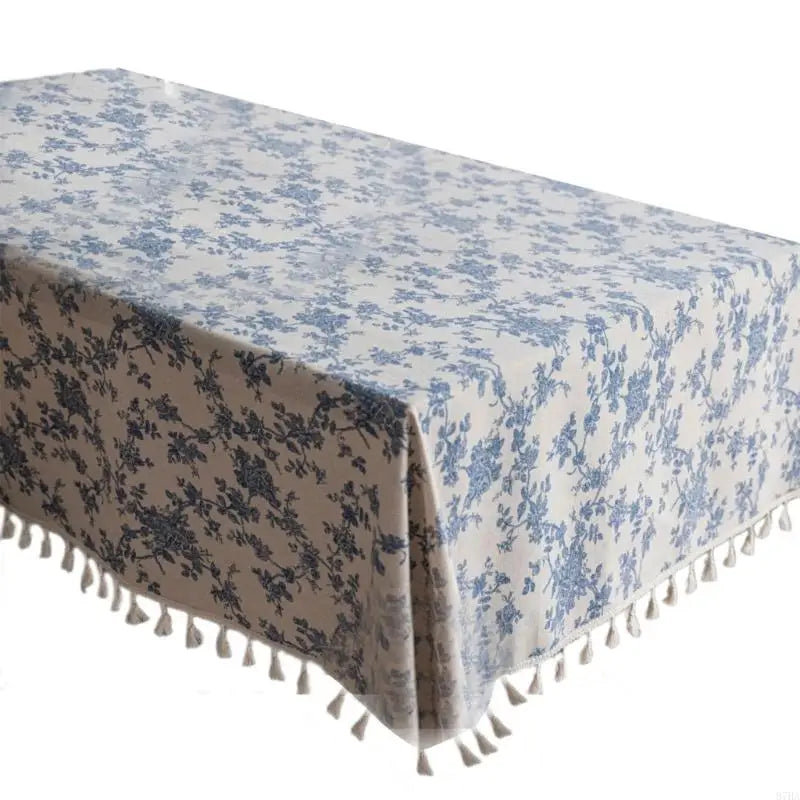 nappe table fleurs bleu coton polyester lavable machine saison thèmes classique vintage tassels