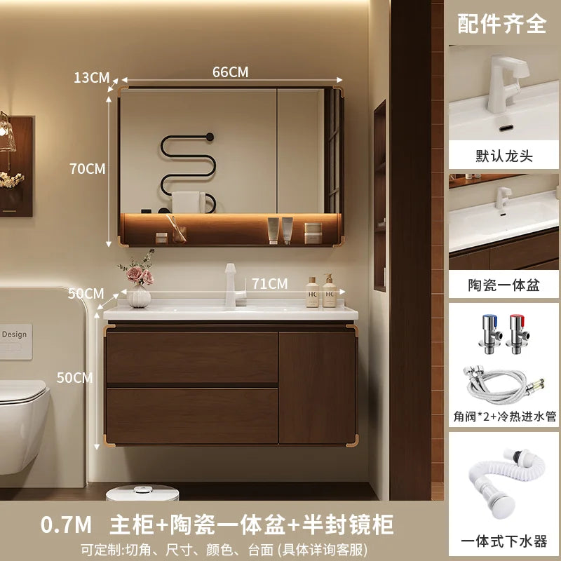 meuble salle bain moderne miroir étagère rangement blanc marron bois naturel