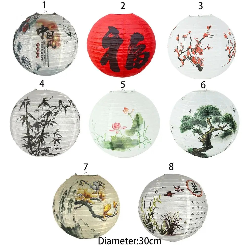 lanterne ronde papier peinture fleurs calligraphie clips métalliques diamètre 30cm blanc rouge vert