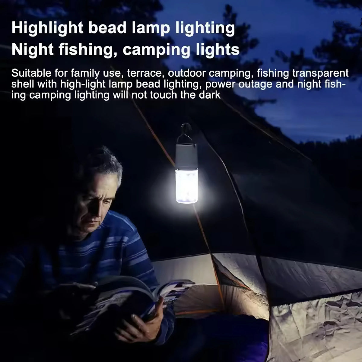 lampe camping rechargeable led transparente moderne compact crochet usb blanc