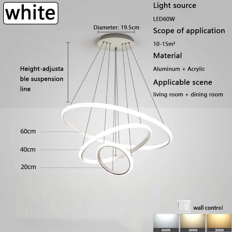 lustre moderne minimaliste suspension câbles noir or blanc concentrique led chambre salon