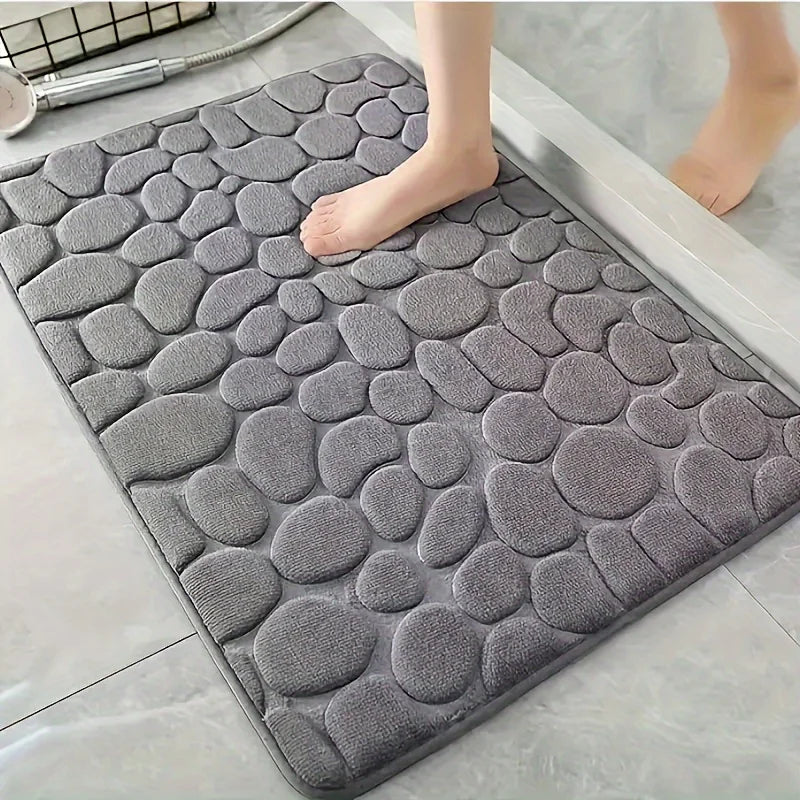 tapis bain gris moderne texture cailloux absorption eau antidérapant polyester pvc machine wash oblong