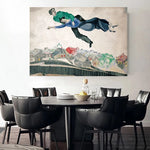 toile d'art illustration deux personnes volant village contemporain vert bleu gris beige noir