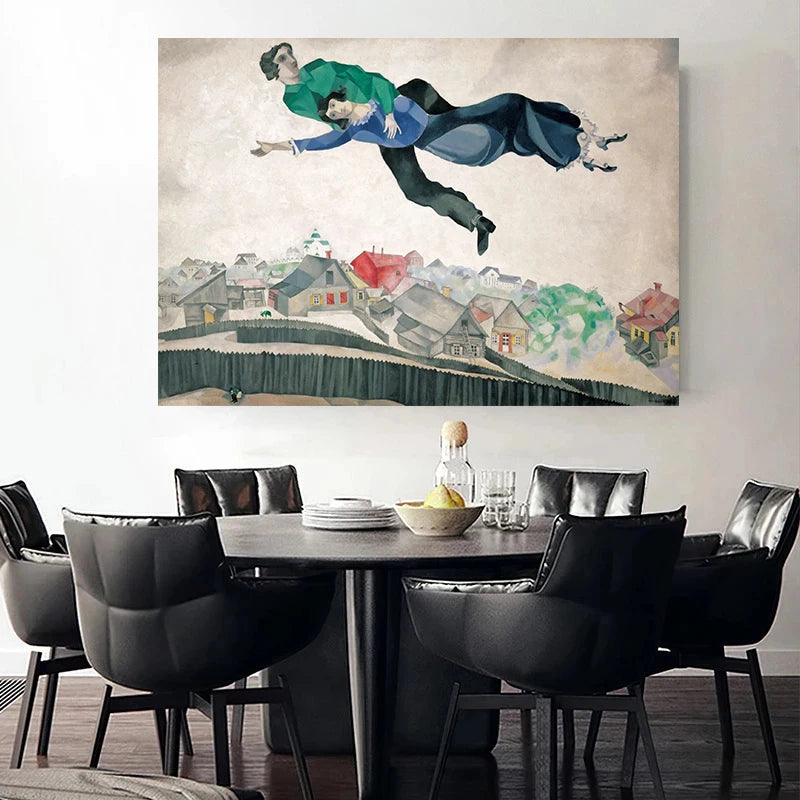 toile d'art illustration deux personnes volant village contemporain vert bleu gris beige noir