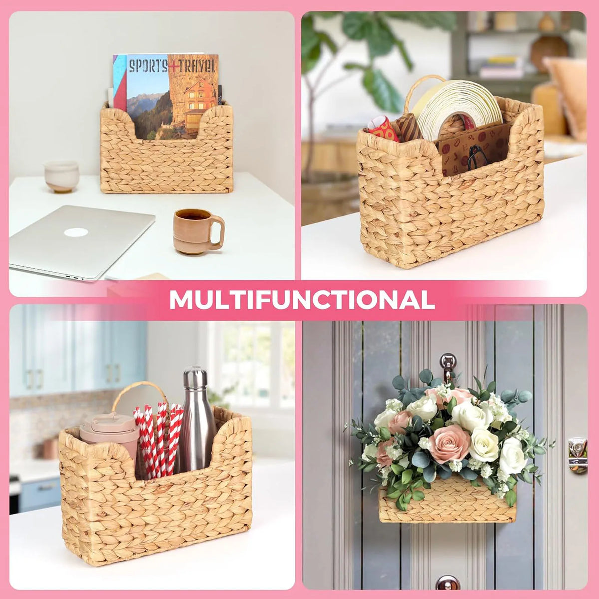 panier tissé main fibre végétale naturelle rustique élégant anneau métallique magazines tasses fleurs artificielles