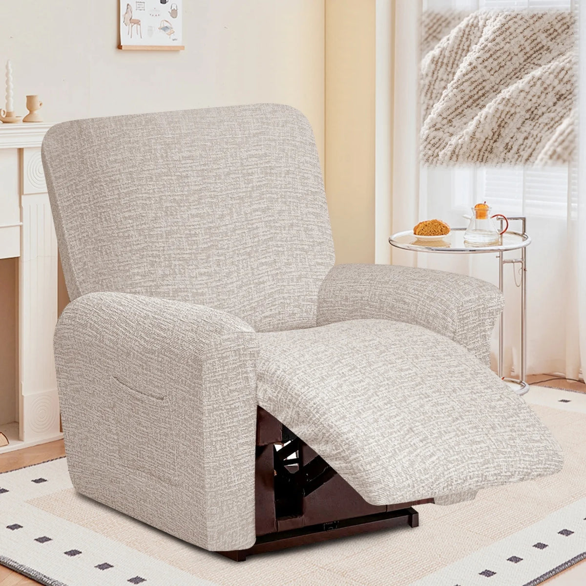 housse fauteuil inclinable beige clair tissu petits points noirs protection siège salon moderne extensible