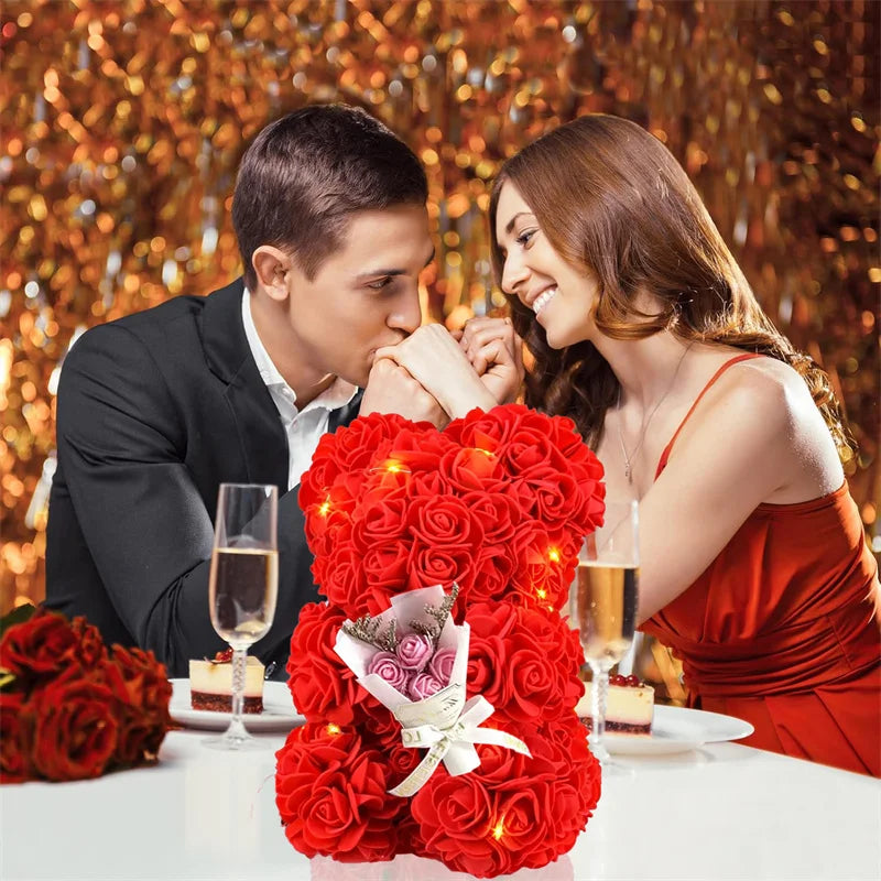 décoration intérieure ours fleurs artificielles rose boîte cadeau guirlande lumineuse carte souhaits saint valentin