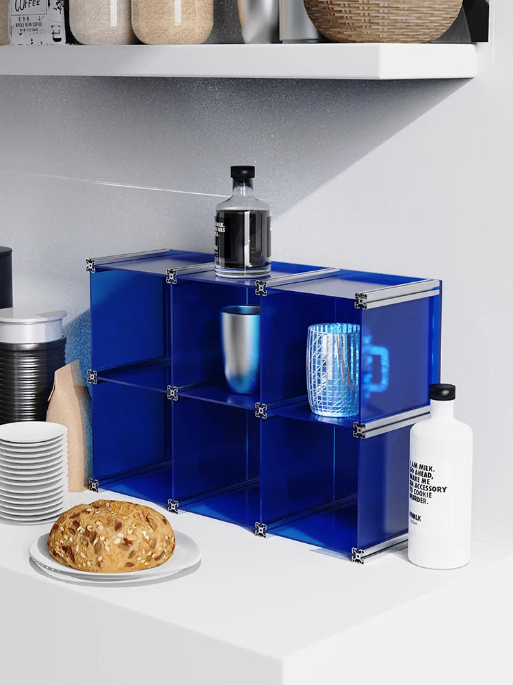 organisateur rangement modulaire transparent bleu clips métalliques compartiments tasses bouteilles bol assiette gâteau tablette