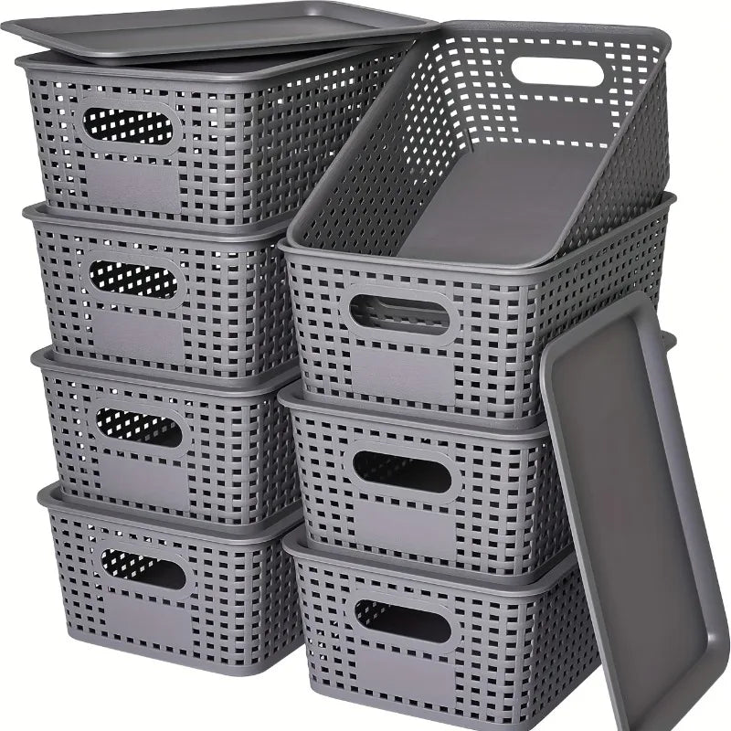boîtes rangement réutiliables tressées gris blanc modernes minimalistes pièces couvercles plastique