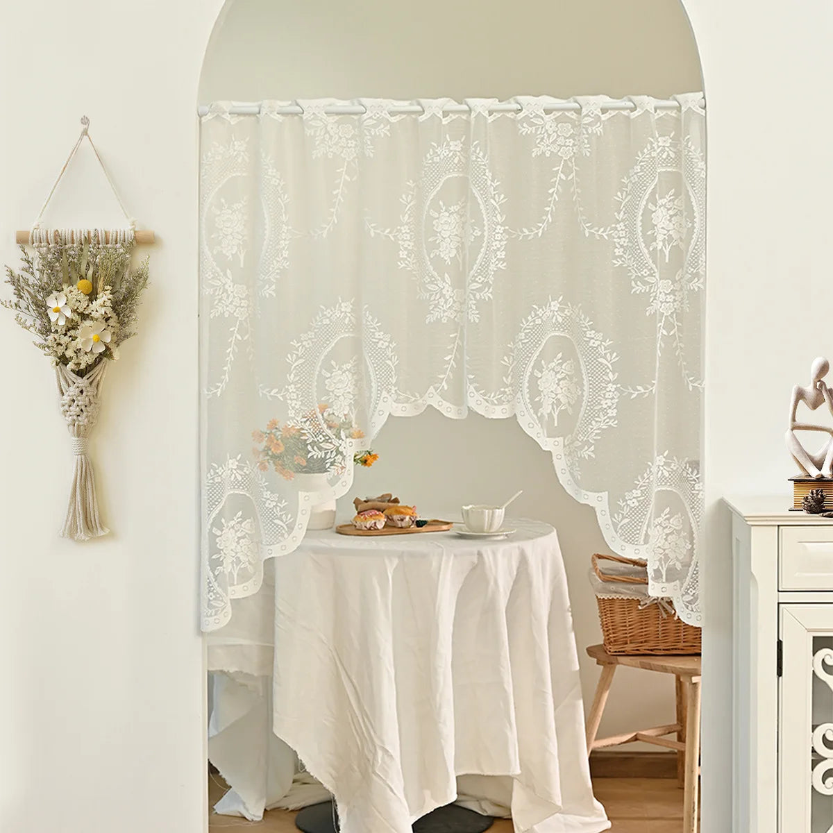 rideau fenêtre blanc motif floral polyester cuisine classique romantique translucent 150x100cm