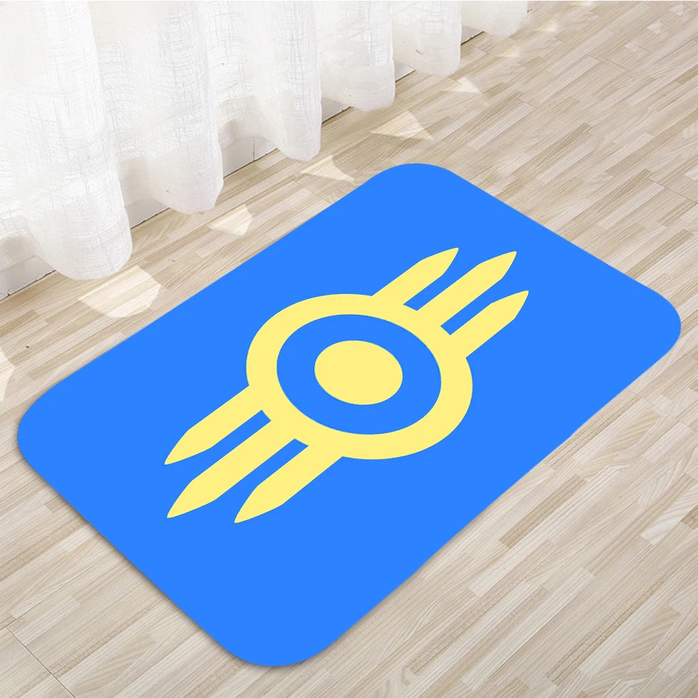 tapis noir bleu blanc logo vault tec antidérapant moderne graphique sol couloir polyester