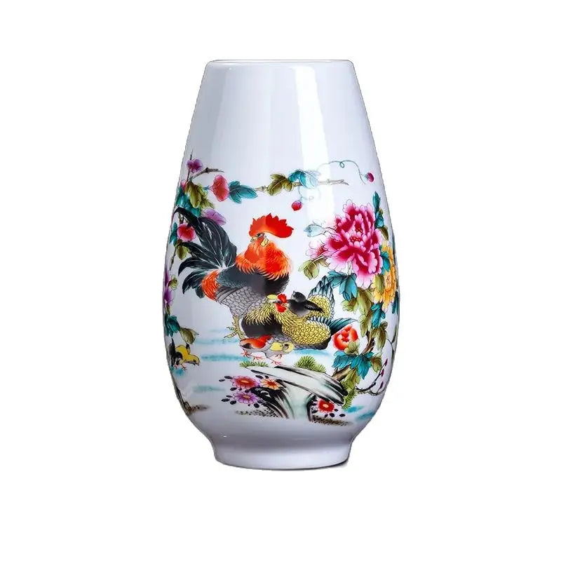 Vase décoratif en porcelaine blanche avec motif de fleurs colorées et de coqs ornementaux.